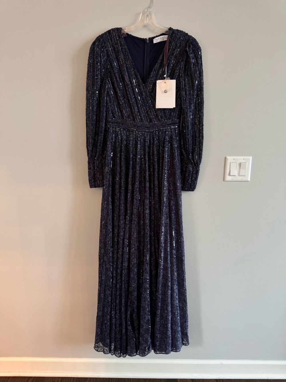 Mac Duggal 93679D Midnight Navy Blue Beaded Lace Long Sleeve Wrap Gown